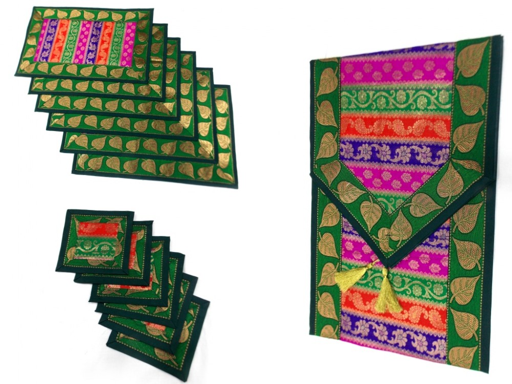 Indian Silk Table Runner with 6 Place Mats & 6 Coaster in Green Color Size 16x62